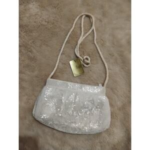 Magid White Beaded Evening Clutch Purse Floral Sequin Vintage Style Shoulder Bag